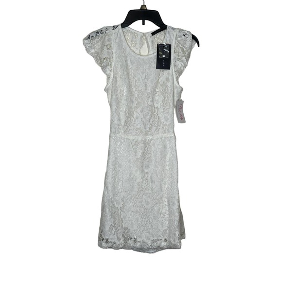 Signature8 Women's Dress Floral Open Back Lace Lined Cap Sleeve White Medium NWT - Picture 1 of 9
